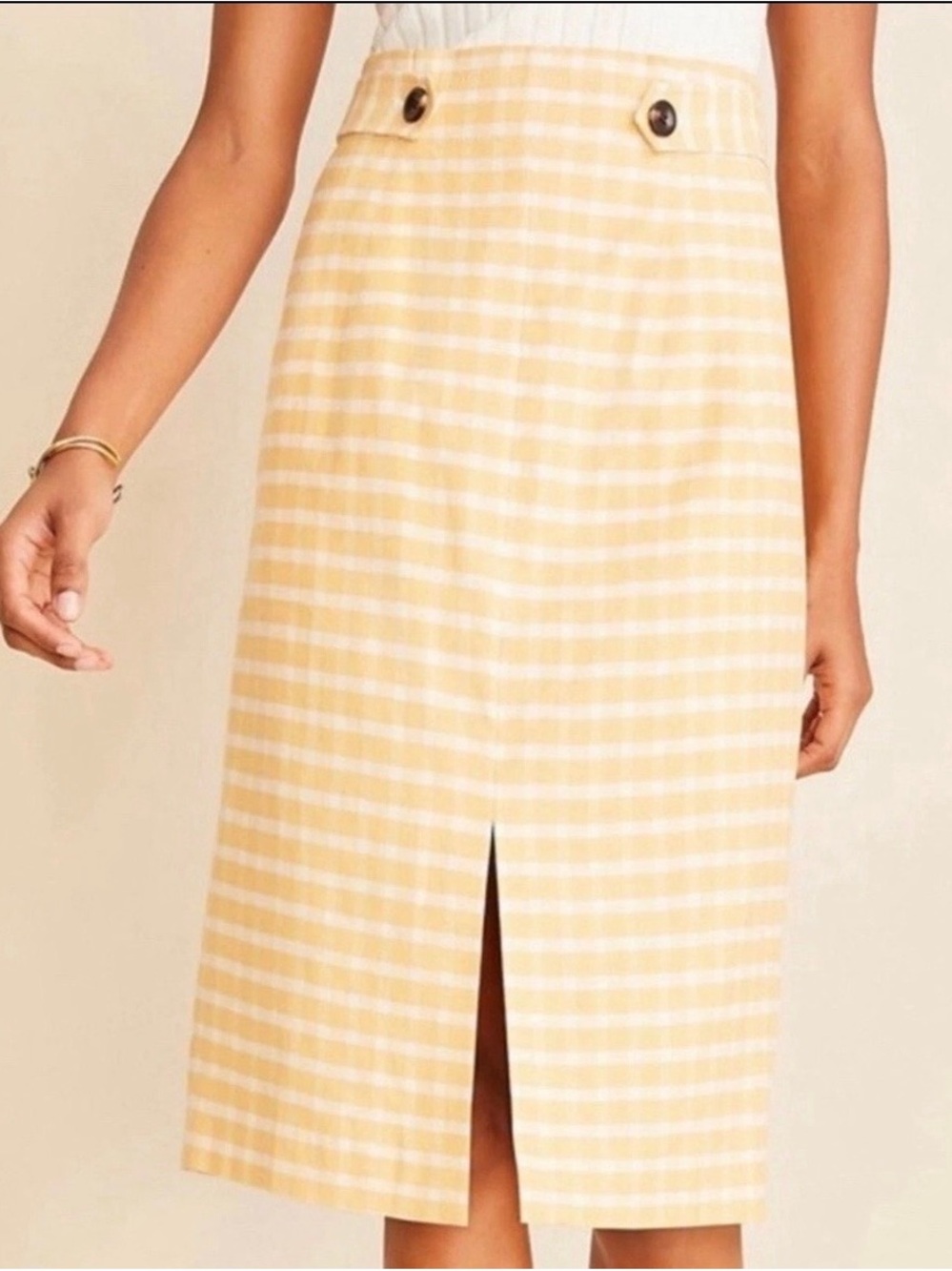 Ann Taylor Yellow Gingham Midi Skirt with Front Slit